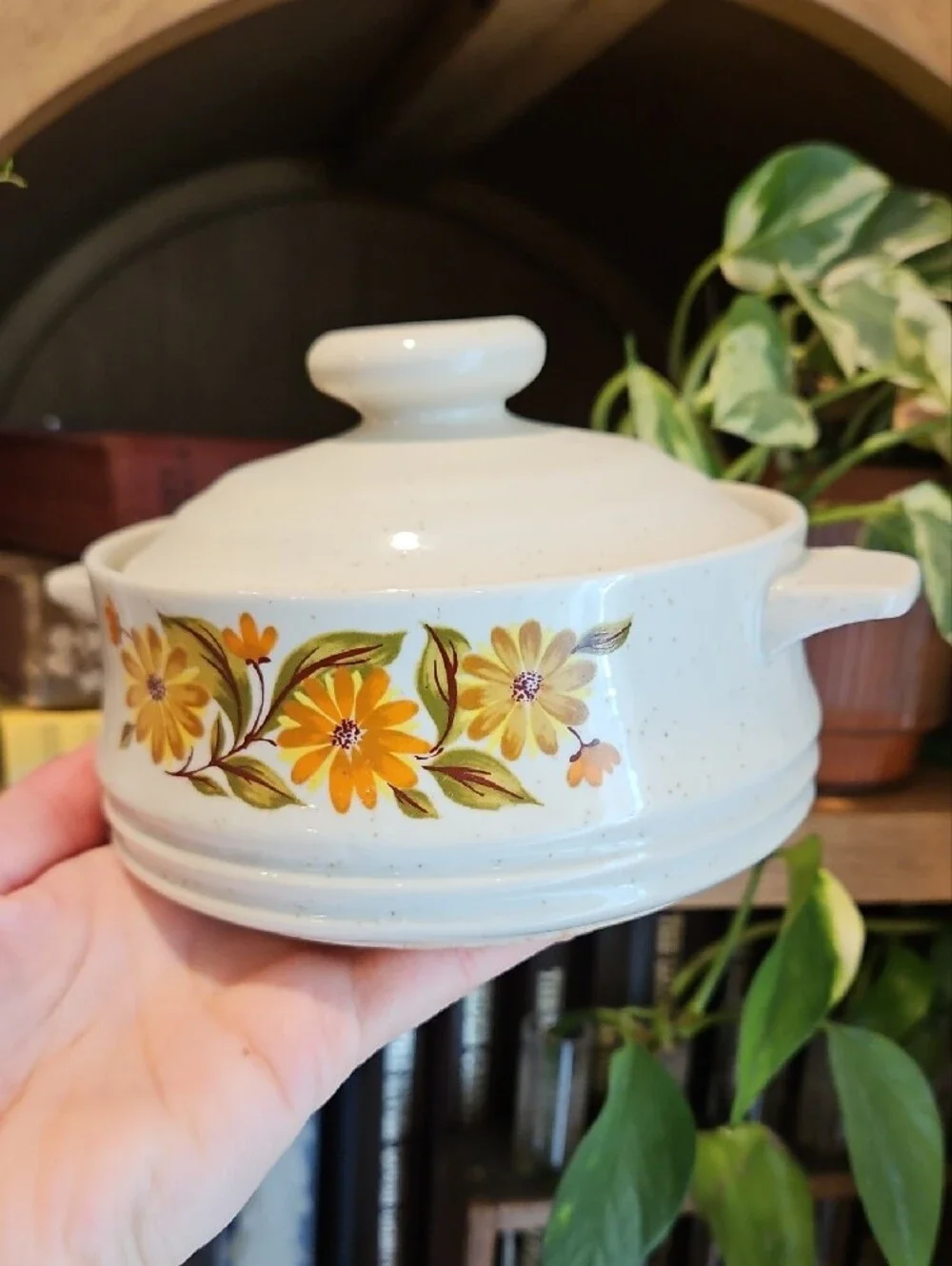 White Ceramic Covered Casserole with Yellow Floral Design